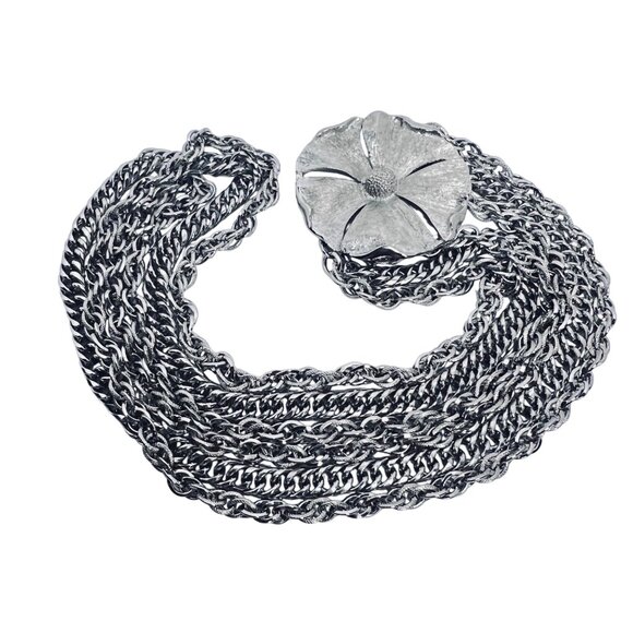 TAN Silver Tone Chunky Triple Strand Necklace With Flower Hook Clasp (5635) - Picture 4 of 7